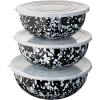 Golden Rabbit Enamelware Nested Mixing Bowls with Lids, Set of 3, Solid White Textured(Black Swirl)