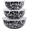 Golden Rabbit Enamelware Nested Mixing Bowls with Lids, Set of 3, Solid White Textured(Black Swirl)