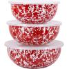 Golden Rabbit Enamelware Nested Mixing Bowls with Lids, Set of 3, Solid White Textured(Red Swirl)