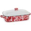 Golden Rabbit Enamelware Roasting Pan with Lid, 10.5 quarts, Solid White Textured(Red Swirl)