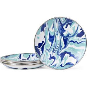 Golden Rabbit Enamelware Appetizer Plates, 6 inch, Solid White Textured, Set of 4(Lagoon)