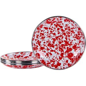 Golden Rabbit Enamelware Appetizer Plates, 6 inch, Solid White Textured, Set of 4(Red Swirl)