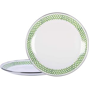 Golden Rabbit Enamelware Chargers, 12.5 inch, Blue Crab, Set of 2(Green Scallop)