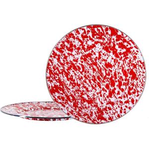 Golden Rabbit Enamelware Chargers, 12.5 inch, Solid White Textured, Set of 2(Red Swirl)
