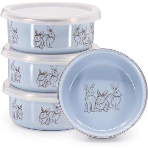 Golden Rabbit Enamelware Child Bowls with Lids, 14 ounce, Blue Bunnies, Set of 4(Blue Bunnies)