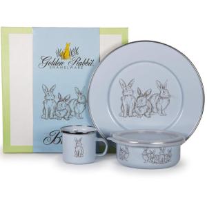 Golden Rabbit Enamelware Child Dinnerware Set: Plate, Mug and Bowl with Lid, Peter Rabbit(Blue Bunnies)