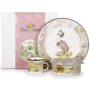 Golden Rabbit Enamelware Child Dinnerware Set: Plate, Mug and Bowl with Lid, Peter Rabbit(Jemima Puddle-duck)