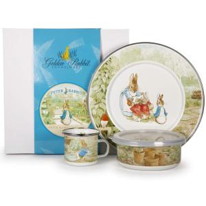 Golden Rabbit Enamelware Child Dinnerware Set: Plate, Mug and Bowl with Lid, Peter Rabbit(Peter Rabbit)