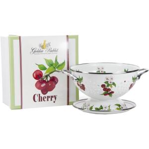 Golden Rabbit Enamelware Colander and Drip Plate Gift Set, Herbs(Cherry)