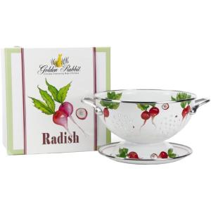 Golden Rabbit Enamelware Colander and Drip Plate Gift Set, Herbs(Radish)