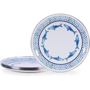 Golden Rabbit Enamelware Dinner Plates, 10.5 inch, Blue Crab, Set of 4(Fish Camp)
