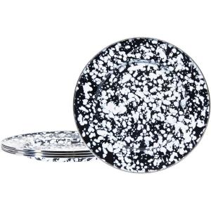 Golden Rabbit Enamelware Dinner Plates, 10.5 inch, Solid White Textured, Set of 4(Black Swirl)