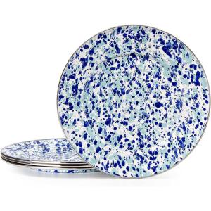Golden Rabbit Enamelware Dinner Plates, 10.5 inch, Solid White Textured, Set of 4(Ocean)