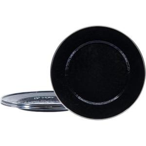 Golden Rabbit Enamelware Dinner Plates, 10.5 inch, Solid White Textured, Set of 4(Solid Black Textured)
