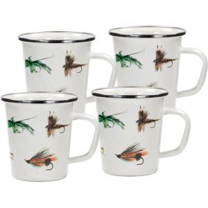 Golden Rabbit Enamelware Latte Coffee or Tea Mugs, 16 ounce, Blue Crab, Set of 4(Fishing Fly)
