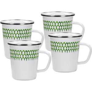 Golden Rabbit Enamelware Latte Coffee or Tea Mugs, 16 ounce, Blue Crab, Set of 4(Green Scallop)