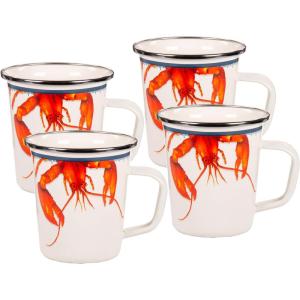 Golden Rabbit Enamelware Latte Coffee or Tea Mugs, 16 ounce, Blue Crab, Set of 4(Lobster)