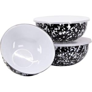 Golden Rabbit Enamelware Nested Mixing Bowls with Lids, Set of 3, Solid White Textured(Black Swirl)