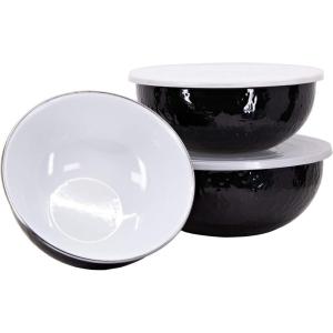 Golden Rabbit Enamelware Nested Mixing Bowls with Lids, Set of 3, Solid White Textured(Solid Black Textured)