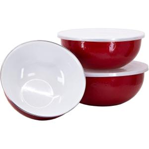 Golden Rabbit Enamelware Nested Mixing Bowls with Lids, Set of 3, Solid White Textured(Solid Red Textured)