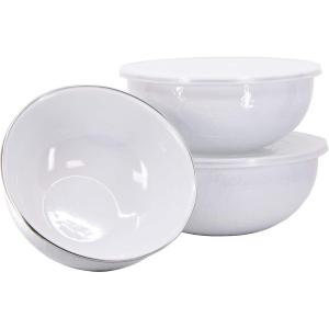 Golden Rabbit Enamelware Nested Mixing Bowls with Lids, Set of 3, Solid White Textured(Solid White Textured)