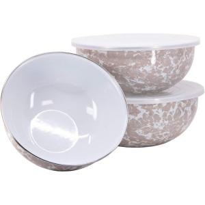 Golden Rabbit Enamelware Nested Mixing Bowls with Lids, Set of 3, Solid White Textured(Taupe Swirl)