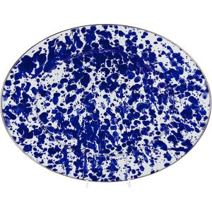Golden Rabbit Enamelware Oval Platter, 12 x 16in, Solid White Textured(Cobalt Swirl)