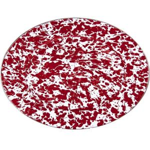 Golden Rabbit Enamelware Oval Platter, 12 x 16in, Solid White Textured(Red Swirl)