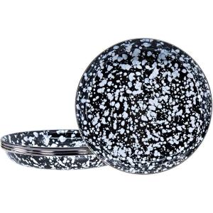 Golden Rabbit Enamelware Pasta Plates, 10 inch, Solid White Textured, Set of 4(Black Swirl)