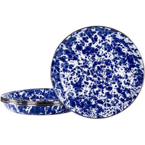 Golden Rabbit Enamelware Pasta Plates, 10 inch, Solid White Textured, Set of 4(Cobalt Swirl)