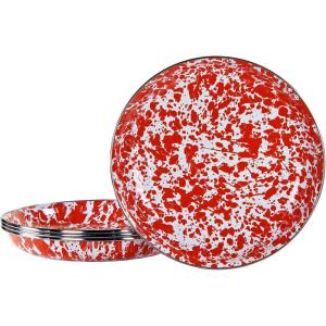 Golden Rabbit Enamelware Pasta Plates, 10 inch, Solid White Textured, Set of 4(Red Swirl)