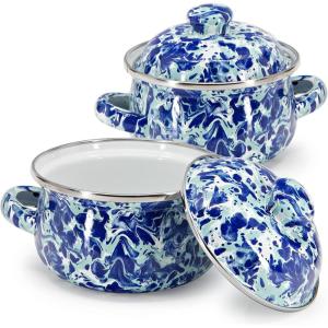 Golden Rabbit Enamelware Petite Tureens Pots, 16 ounce, Ocean, Set of 2(Ocean)