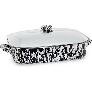 Golden Rabbit Enamelware Roasting Pan with Lid, 10.5 quarts, Solid White Textured(Black Swirl)
