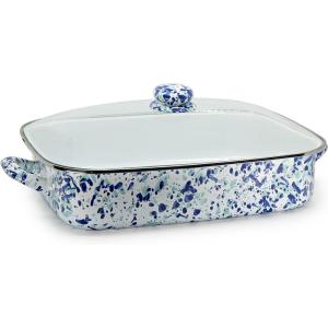Golden Rabbit Enamelware Roasting Pan with Lid, 10.5 quarts, Solid White Textured(Ocean)