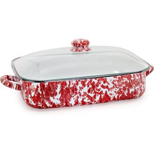 Golden Rabbit Enamelware Roasting Pan with Lid, 10.5 quarts, Solid White Textured(Red Swirl)