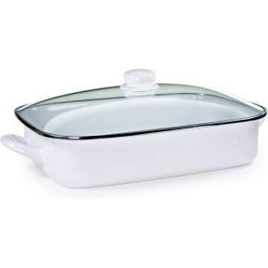 Golden Rabbit Enamelware Roasting Pan with Lid, 10.5 quarts, Solid White Textured(Solid White Textured)