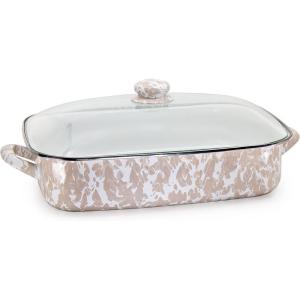 Golden Rabbit Enamelware Roasting Pan with Lid, 10.5 quarts, Solid White Textured(Taupe Swirl)