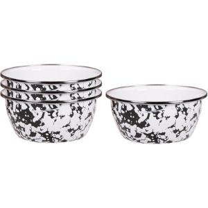 Golden Rabbit Enamelware Salad Bowls, 24 ounce, Solid White Textured, Set of 4(Black Swirl)