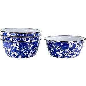 Golden Rabbit Enamelware Salad Bowls, 24 ounce, Solid White Textured, Set of 4(Cobalt Swirl)