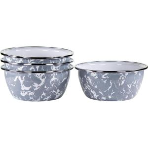 Golden Rabbit Enamelware Salad Bowls, 24 ounce, Solid White Textured, Set of 4(Grey Swirl)