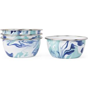 Golden Rabbit Enamelware Salad Bowls, 24 ounce, Solid White Textured, Set of 4(Lagoon)