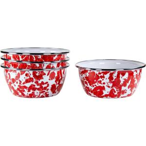Golden Rabbit Enamelware Salad Bowls, 24 ounce, Solid White Textured, Set of 4(Red Swirl)