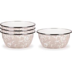 Golden Rabbit Enamelware Salad Bowls, 24 ounce, Solid White Textured, Set of 4(Taupe Swirl)