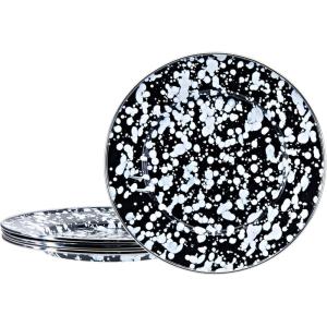 Golden Rabbit Enamelware Sandwich Plates, 8.5 inch, Solid White Textured, Set of 4(Black Swirl)