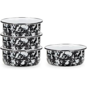 Golden Rabbit Enamelware Soup Bowls with Lids, 14 ounce, Solid White Textured, Set of 4(Black Swirl)
