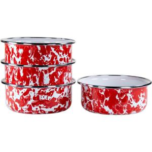 Golden Rabbit Enamelware Soup Bowls with Lids, 14 ounce, Solid White Textured, Set of 4(Red Swirl)