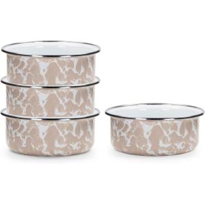 Golden Rabbit Enamelware Soup Bowls with Lids, 14 ounce, Solid White Textured, Set of 4(Taupe Swirl)