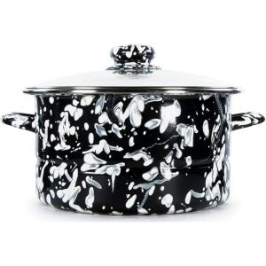 Golden Rabbit Enamelware Soup or Stock Pot, 6 quart, Solid White Textured(Black Swirl)