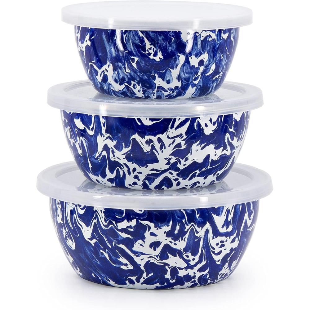 image:imageGolden Rabbit Enamelware Nesting Storage Bowls with Lids Set of 3 Taupe SwirlCobalt Swirl