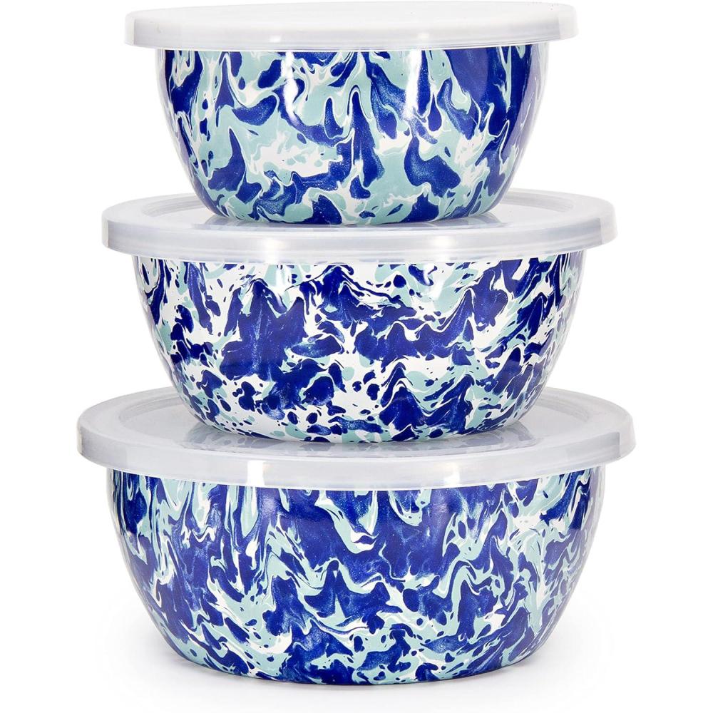 image:imageGolden Rabbit Enamelware Nesting Storage Bowls with Lids Set of 3 Taupe SwirlOcean
